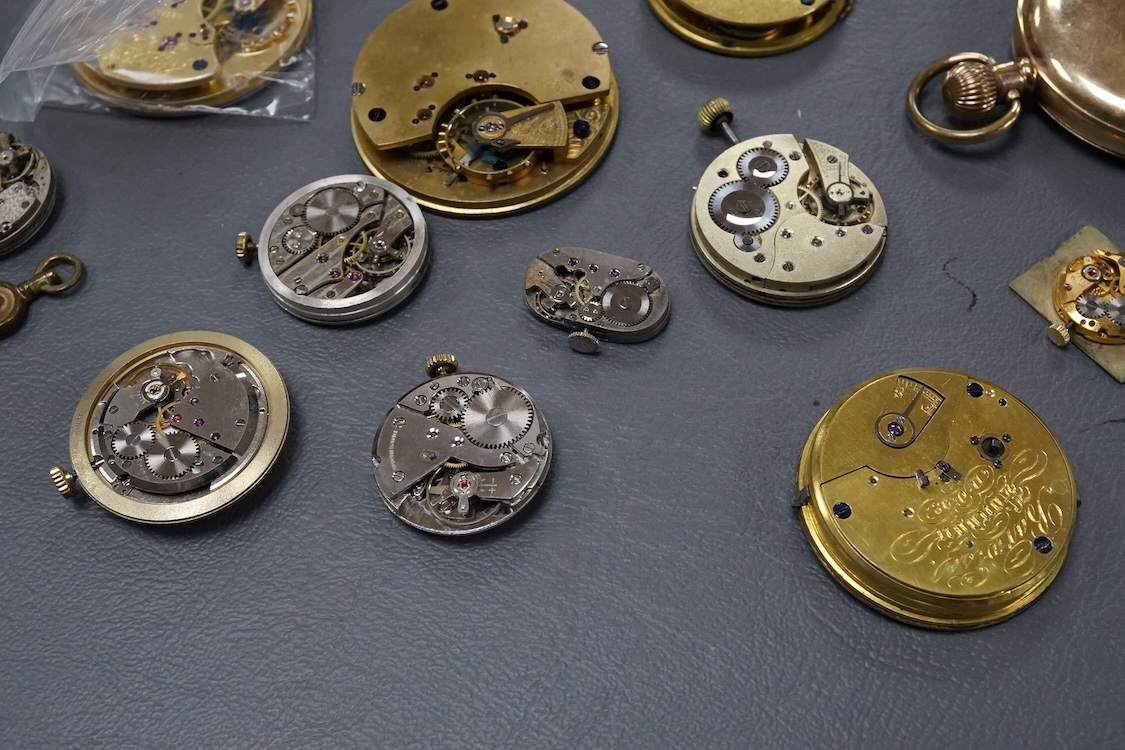 A gold plated Waltham hunter keyless pocket watch, with Roman dal and subsidiary seconds, case diameter 50mm, together with a group of wrist pocket and fob watch movements, etc.